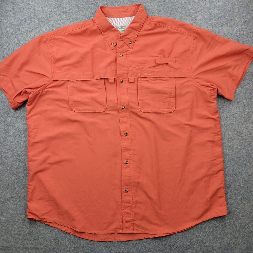 LL Bean Shirt Mens 2XL Orange Nylon Button Front Short‎ Sleeve Fishing Outdoor